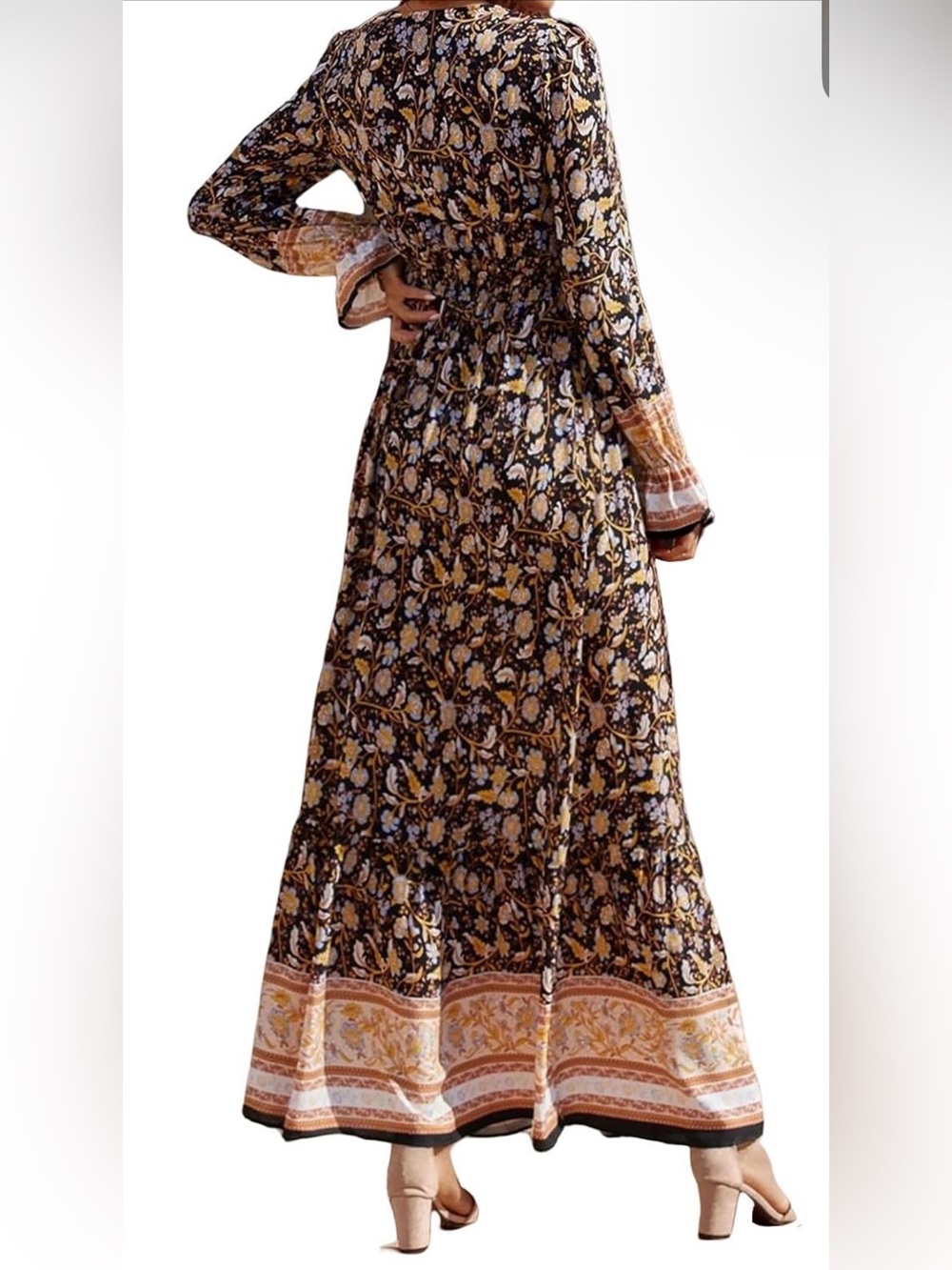 A144 Bohemian Floral Long Sleeve Maxi V neck Dress in Black & Tan NWT - Picture 3 of 4
